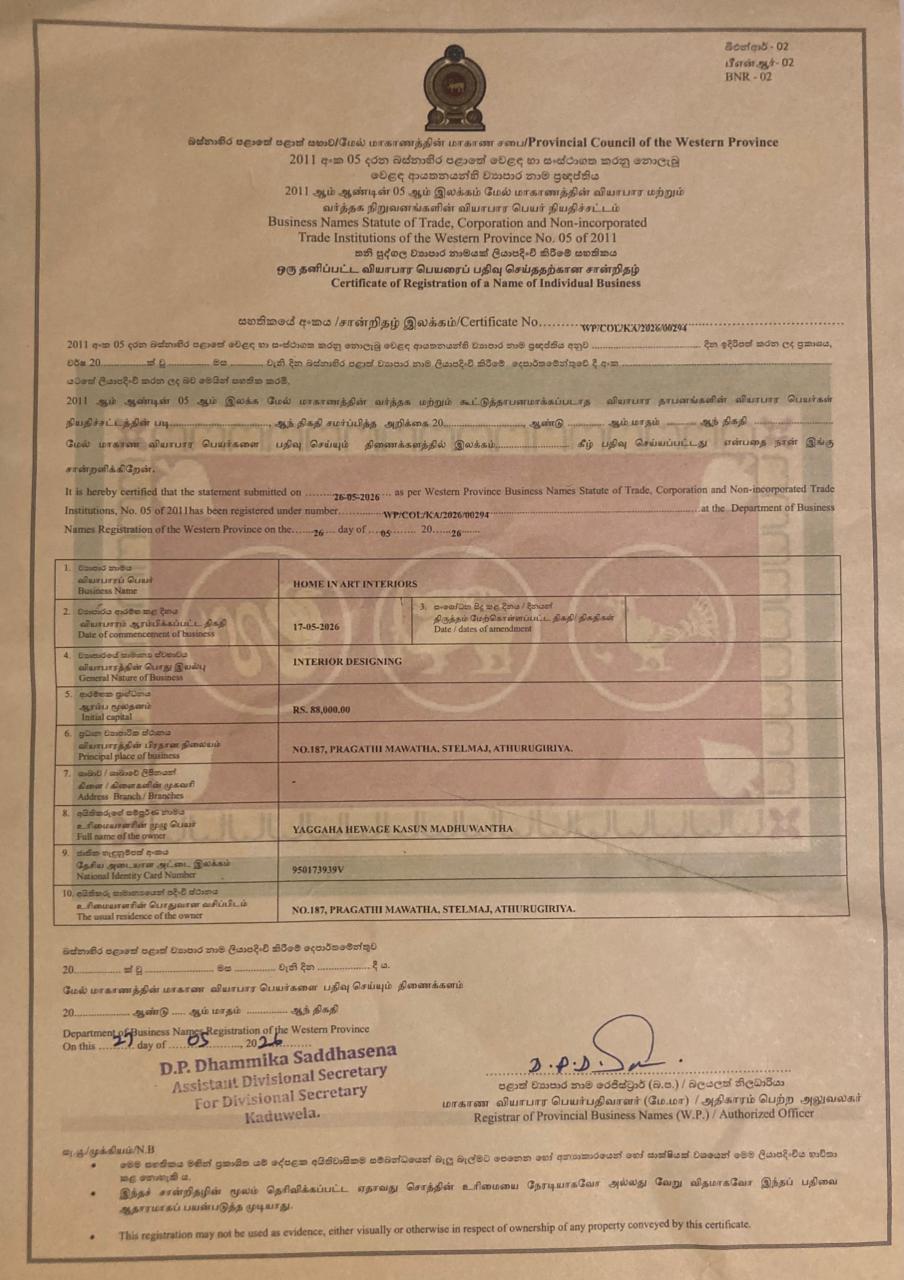 Home In Art Interiors, Colombo, Sri Lanka, Businesss Registration Certificate