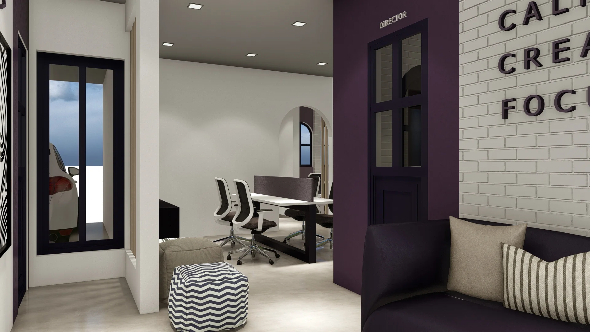 Mega Group, Office Interior, purple and white theme
