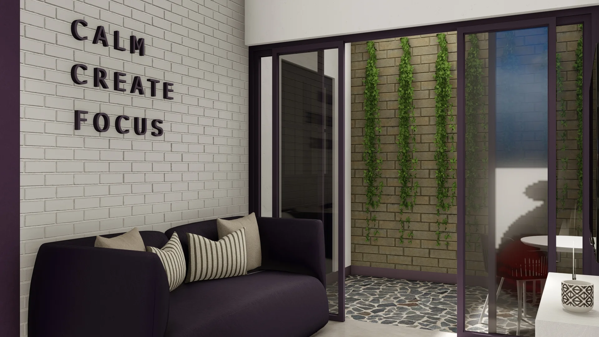 Mega Group, Office Interior, purple and white theme