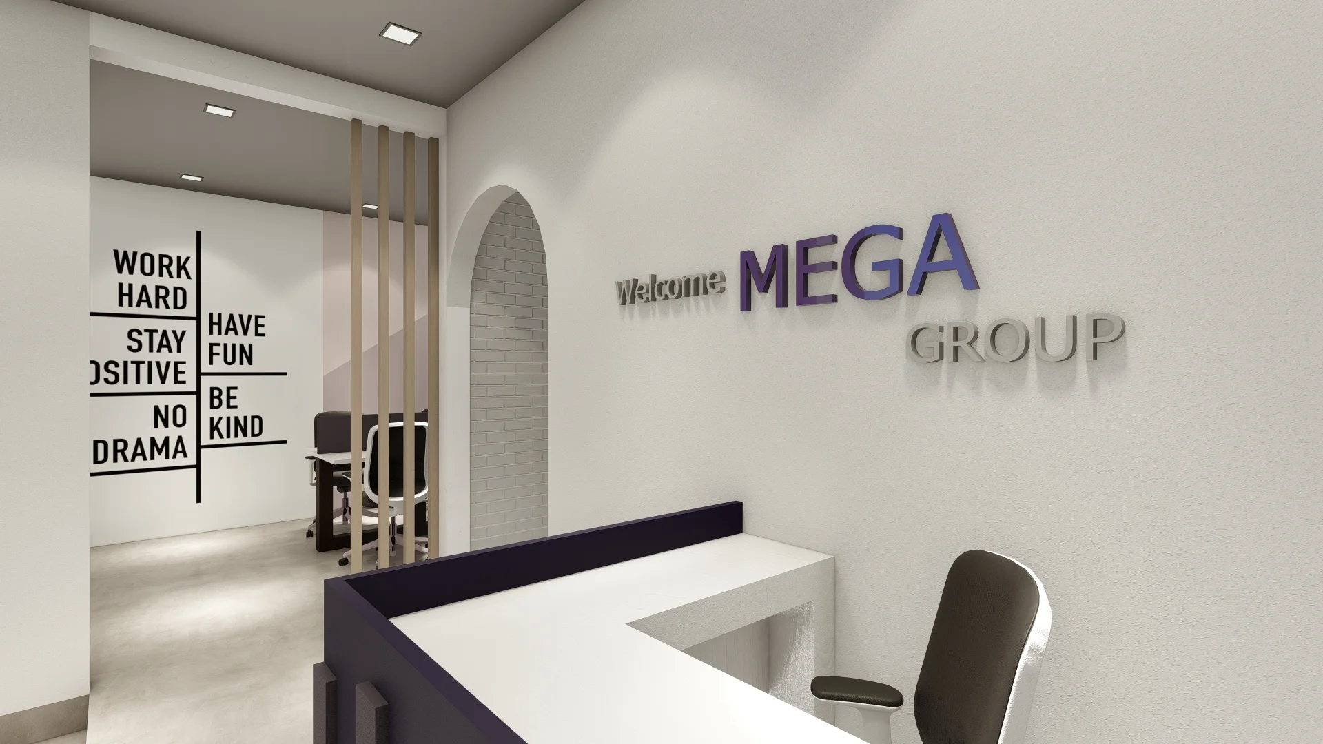 Mega Group, Office Interior, purple and white theme