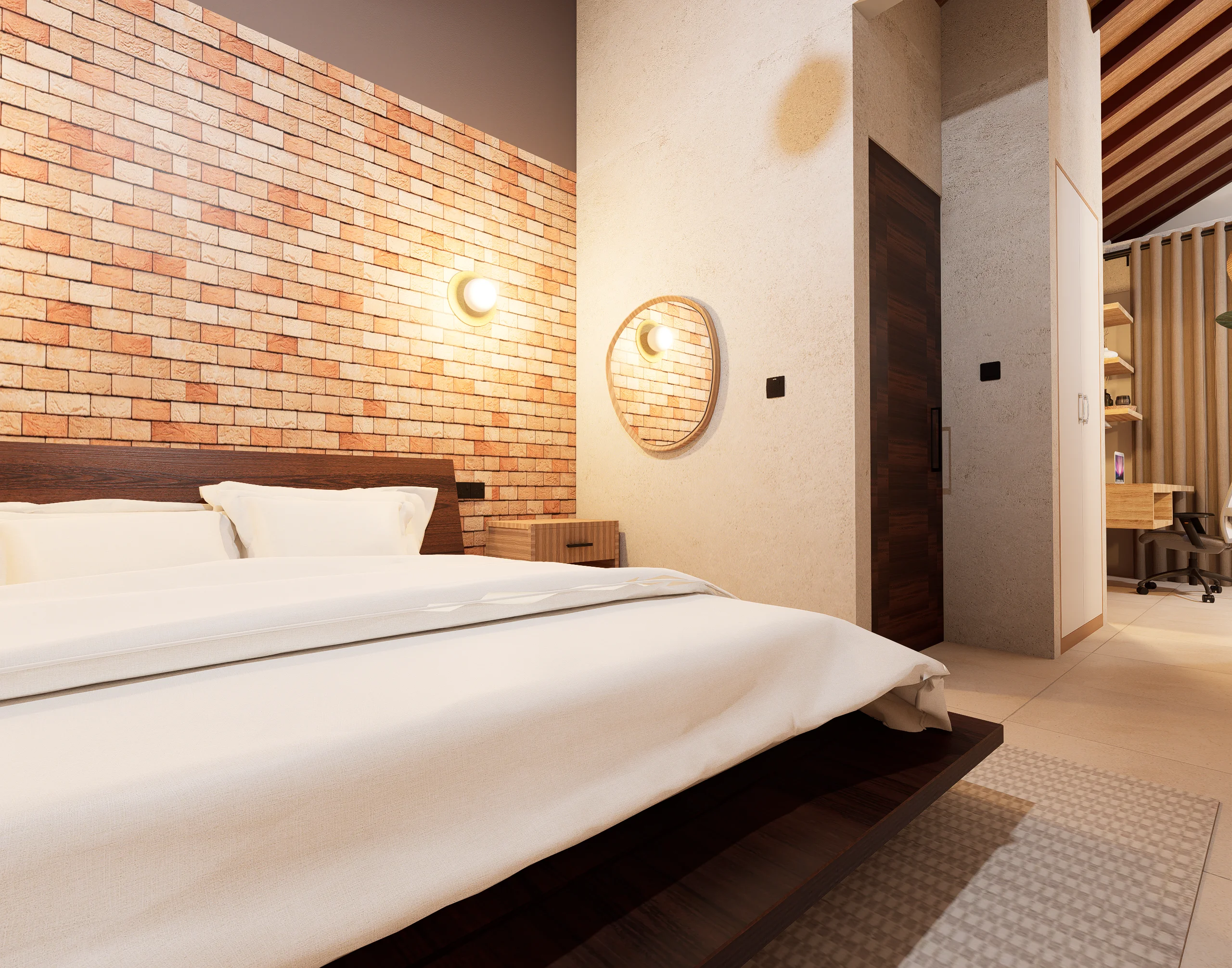 Home Interior Design,Rustic modern,affordable furniture,Brick & Ivory Residence, Biyagama, white theme bedroom angle 2