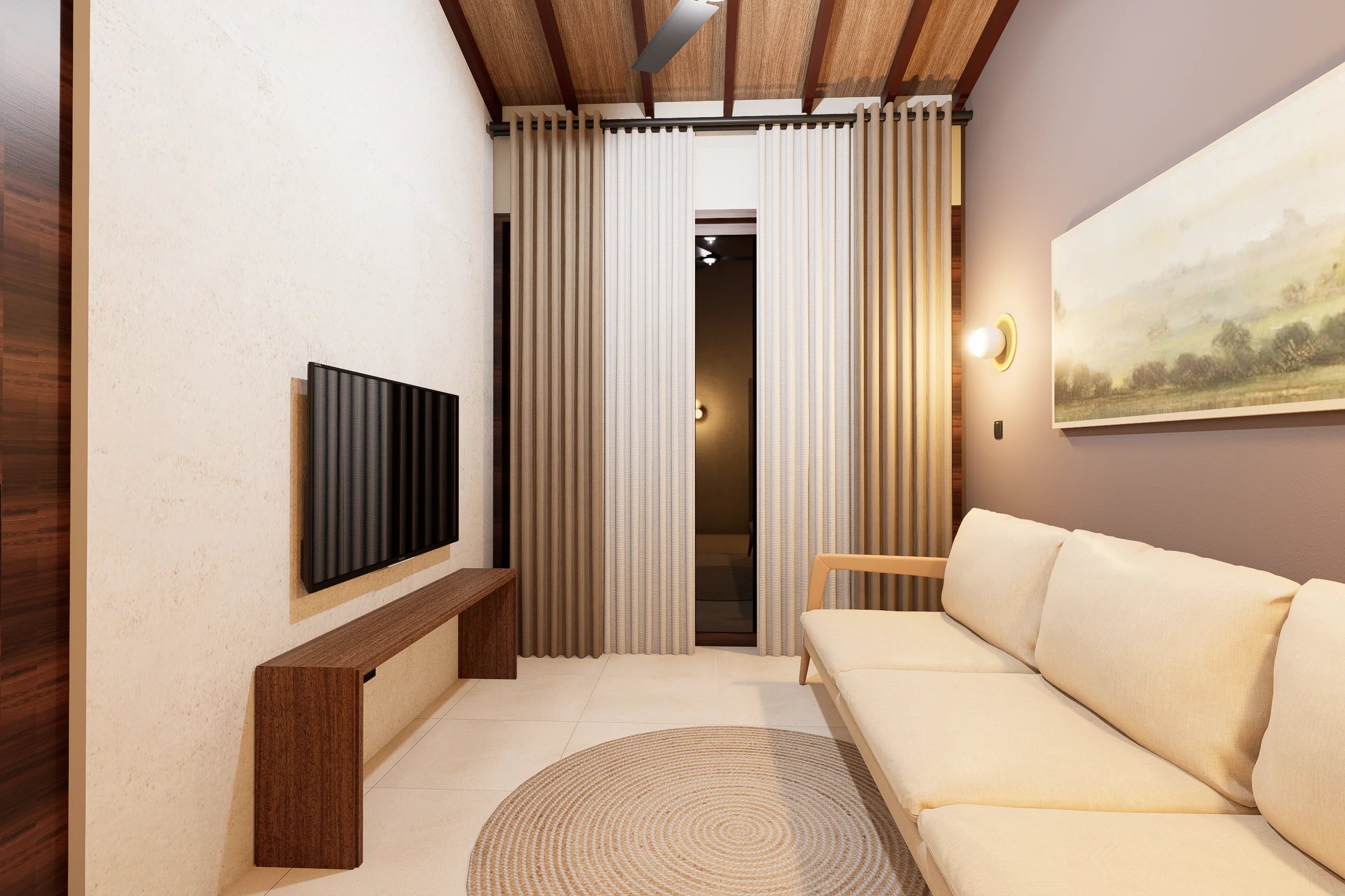Home Interior Design,Rustic modern,affordable furniture,Brick & Ivory Residence, Biyagama, TV area angle 1