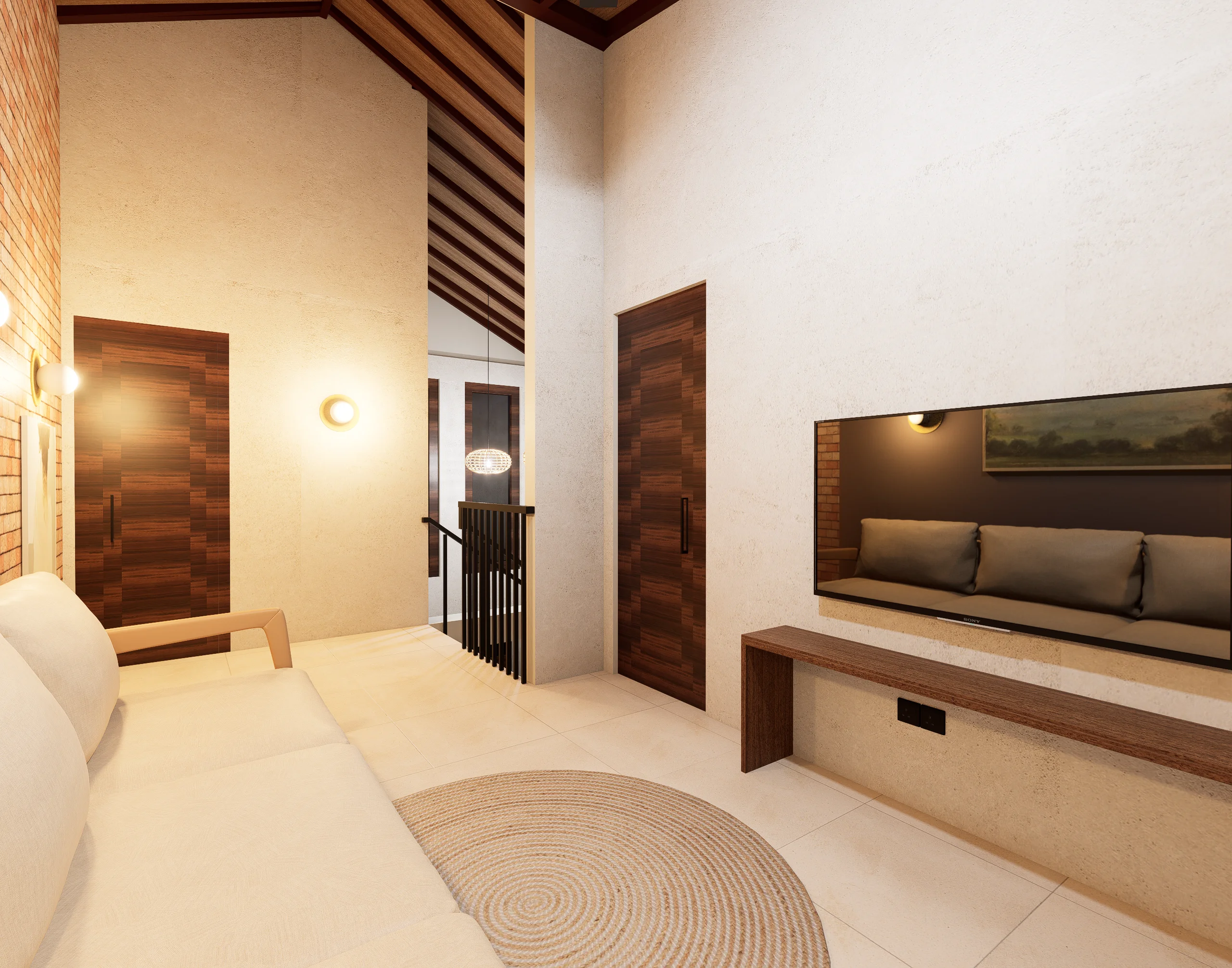 Home Interior Design,Rustic modern,affordable furniture,Brick & Ivory Residence, Biyagama, TV area angle 2